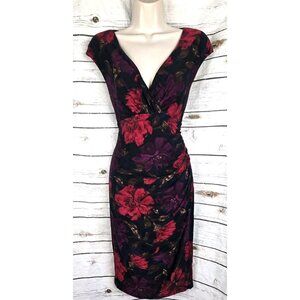 Ralph Lauren Red Purple Floral Print Dress 12 Faux Wrap Ruched Jersey Knit